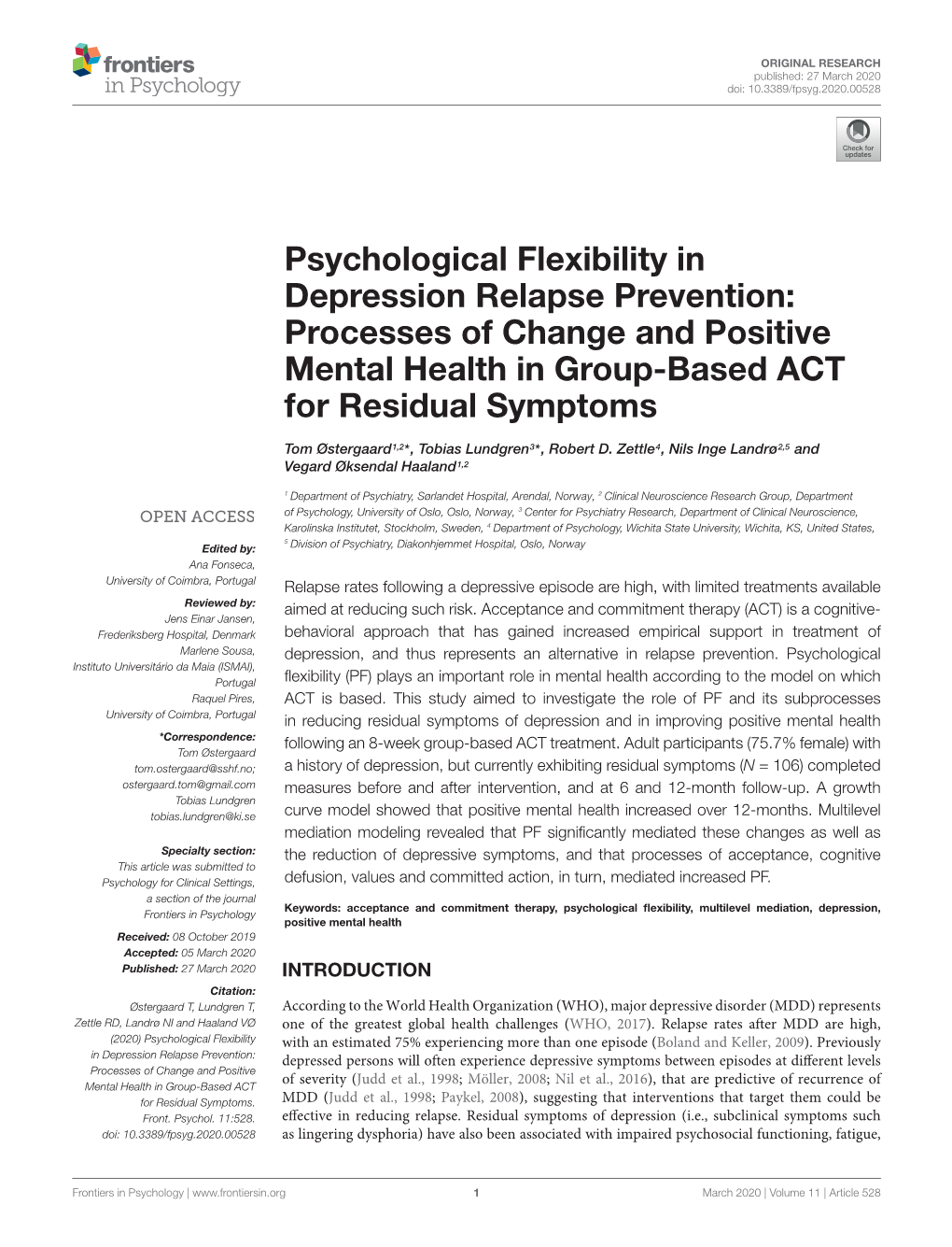 Processes of Change and Positive Mental Health in Group-Based ACT for Residual Symptoms