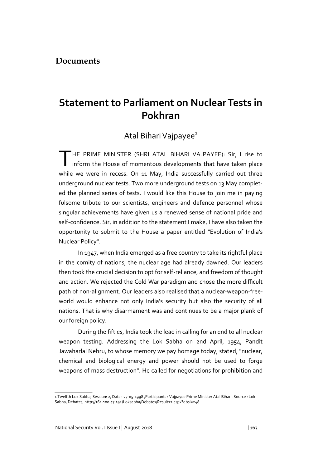 Statement to Parliament on Nuclear Tests in Pokhran:Prime Minister