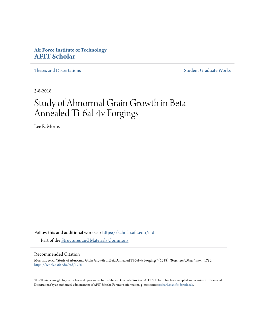 Study of Abnormal Grain Growth in Beta Annealed Ti-6Al-4V Forgings Lee R