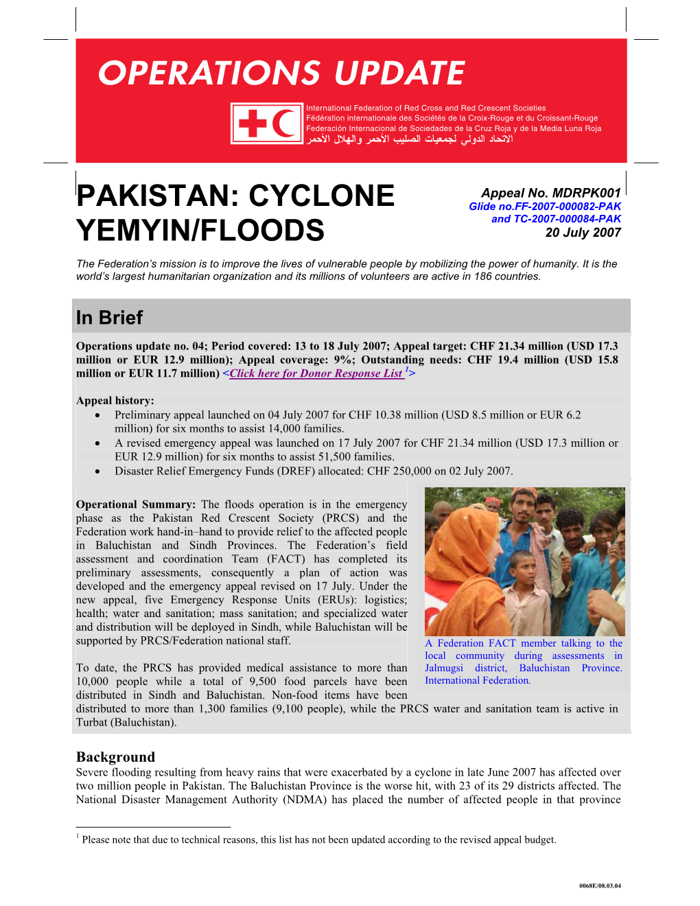 PAKISTAN: CYCLONE YEMYIN/FLOODS; Appeal No