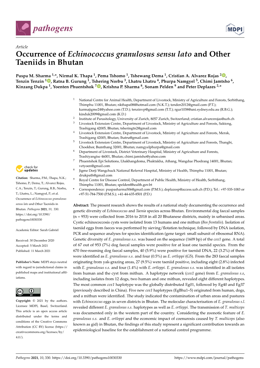 Occurrence of Echinococcus Granulosus Sensu Lato and Other Taeniids in Bhutan