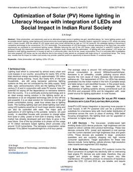 Optimization of Solar (PV) Home Lighting in Literacy House with Integration of Leds and Social Impact in Indian Rural Society