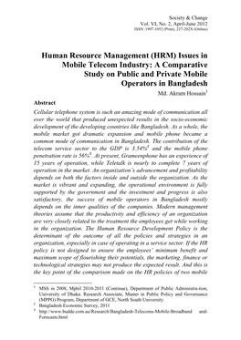 Human Resource Management (HRM) Issues in Mobile Telecom Industry: a Comparative Study on Public and Private Mobile Operators in Bangladesh Md