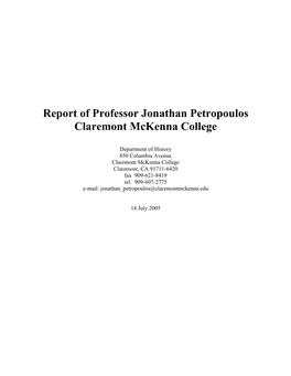 Report of Professor Jonathan Petropoulos Claremont Mckenna College