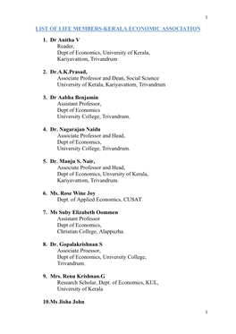 List of Life Members-Kerala Economic Association