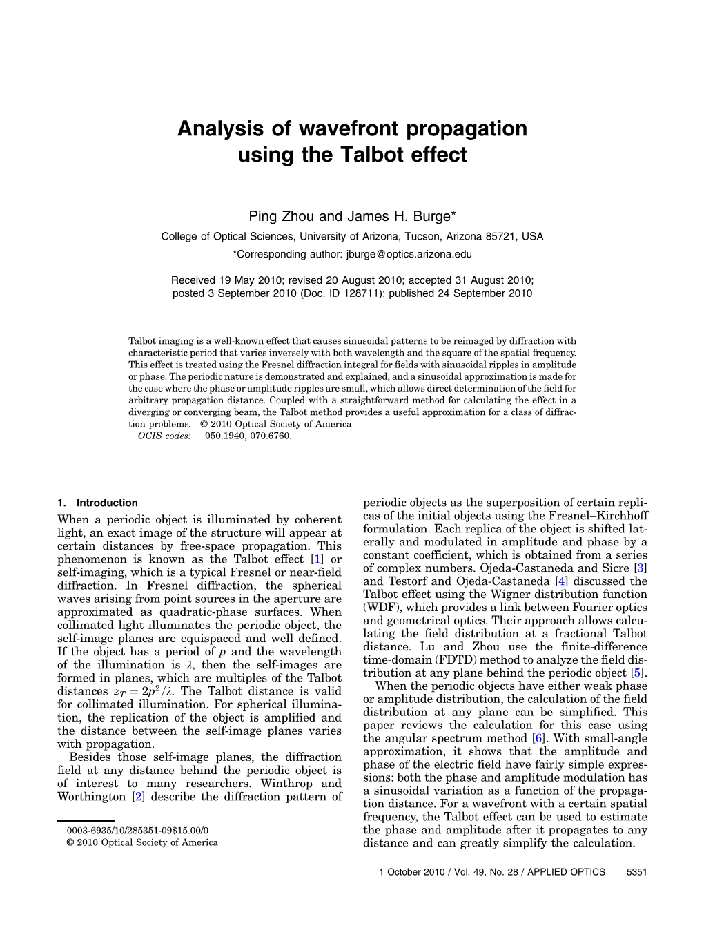 Analysis of Wavefront Propagation Using the Talbot Effect