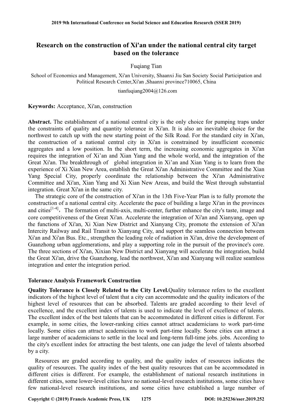 Research on the Construction of Xi'an Under the National Central City Target Based on the Tolerance