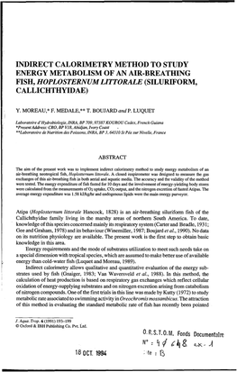 Indirect Calorimetry Method to Study Energy Metabolism of an Air-Breathing Fish, Hoplosternum Littorale (Silurif'orm, Callichthyidae)