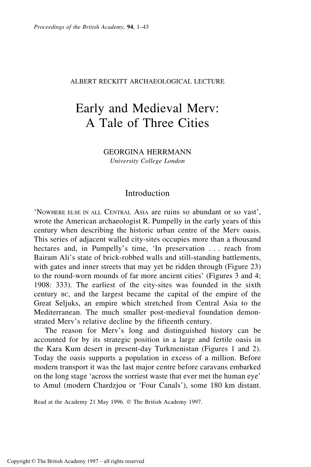 Early and Medieval Merv: a Tale of Three Cities