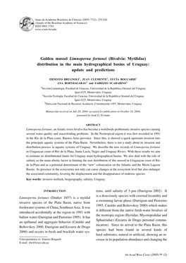 Golden Mussel Limnoperna Fortunei (Bivalvia: Mytilidae) Distribution in the Main Hydrographical Basins of Uruguay: Update and Predictions