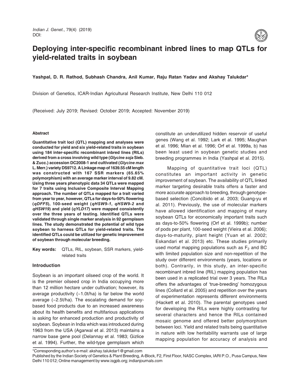 Deploying Inter-Specific Recombinant Inbred Lines to Map Qtls for Yield-Related Traits in Soybean