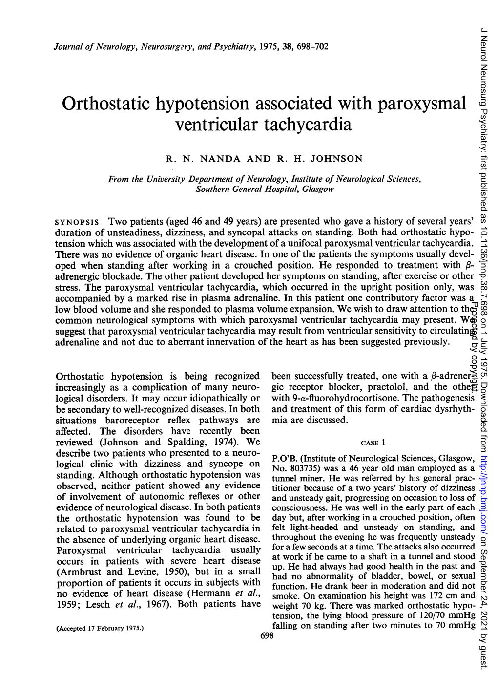 Orthostatic Hypotension Associated with Paroxysmal Ventricular Tachycardia