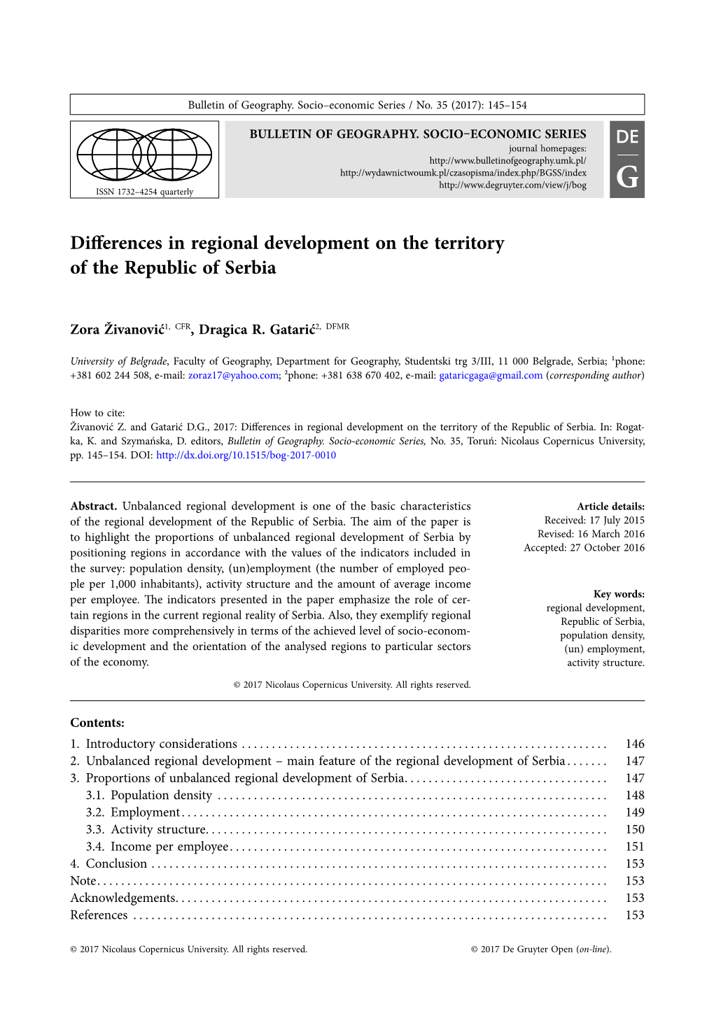 Differences in Regional Development on the Territory of the Republic of Serbia