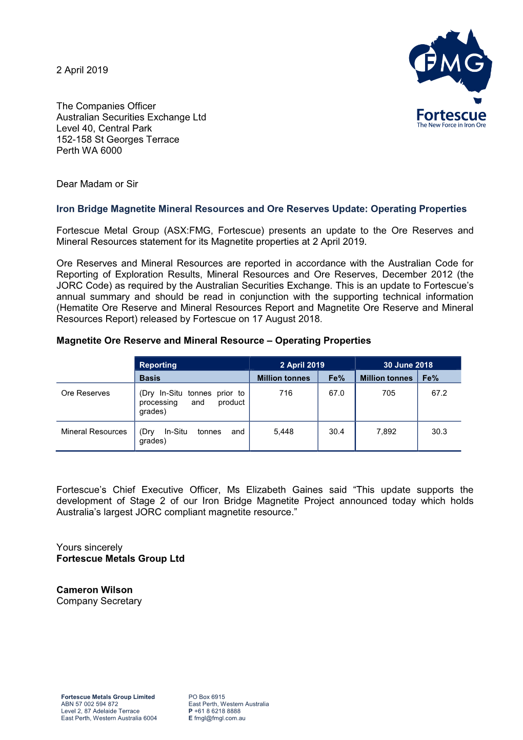 2 April 2019 the Companies Officer Australian Securities Exchange Ltd