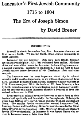 Lancaster's First Jewish Community 1715 to 1804 the Era of Joseph Simon by David Brener