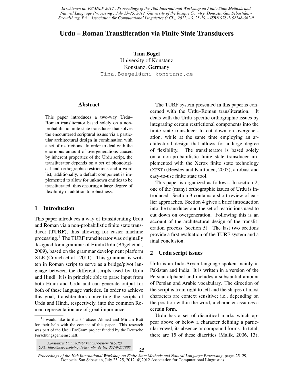 Urdu – Roman Transliteration Via Finite State Transducers