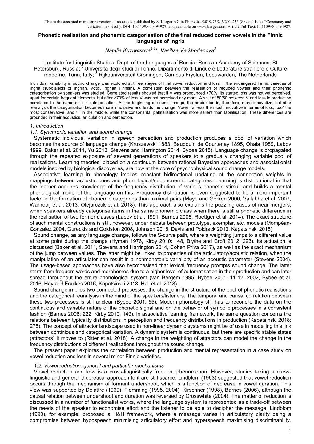 Phonetic Realization and Phonemic Categorization of Reduced Vowels In