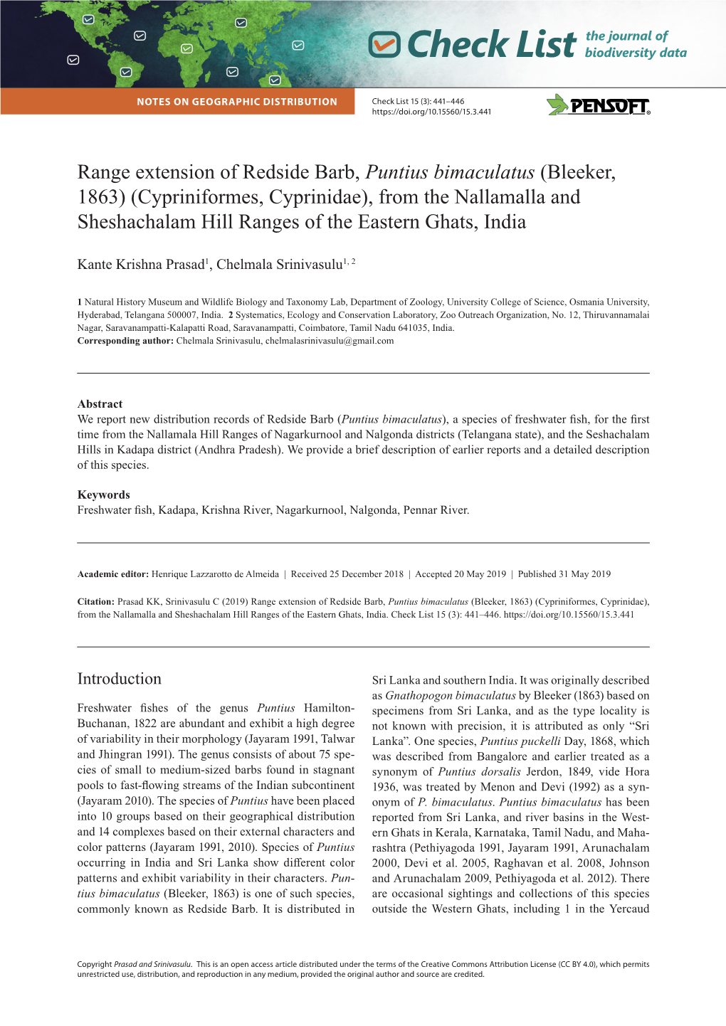 Range Extension of Redside Barb, Puntius Bimaculatus (Bleeker, 1863