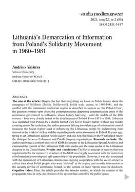Lithuania's Demarcation of Information from Poland's Solidarity Movement in 1980–1981