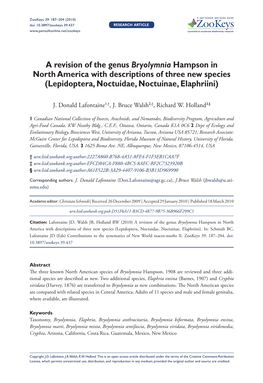 A Revision of the Genus Bryolymnia Hampson in North America with Descriptions of Three New Species (Lepidoptera, Noctuidae, Noctuinae, Elaphriini)