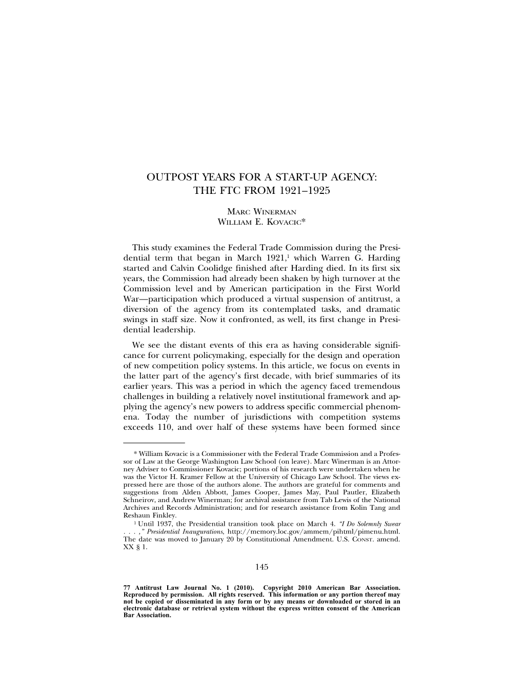 Outpost Years for a Start-Up Agency: the Ftc from 1921–1925