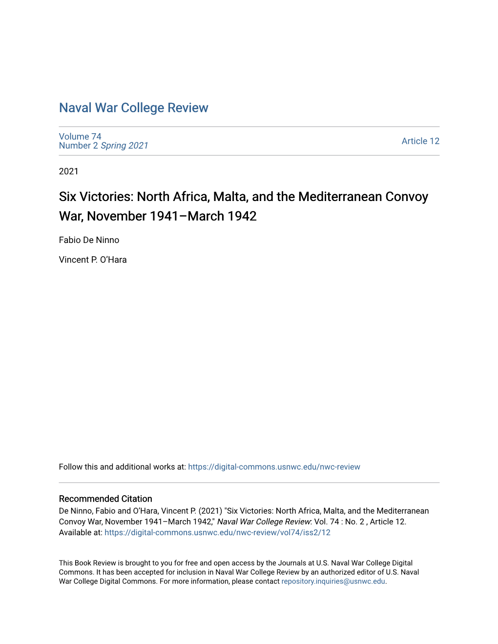 Six Victories: North Africa, Malta, and the Mediterranean Convoy War, November 1941–March 1942