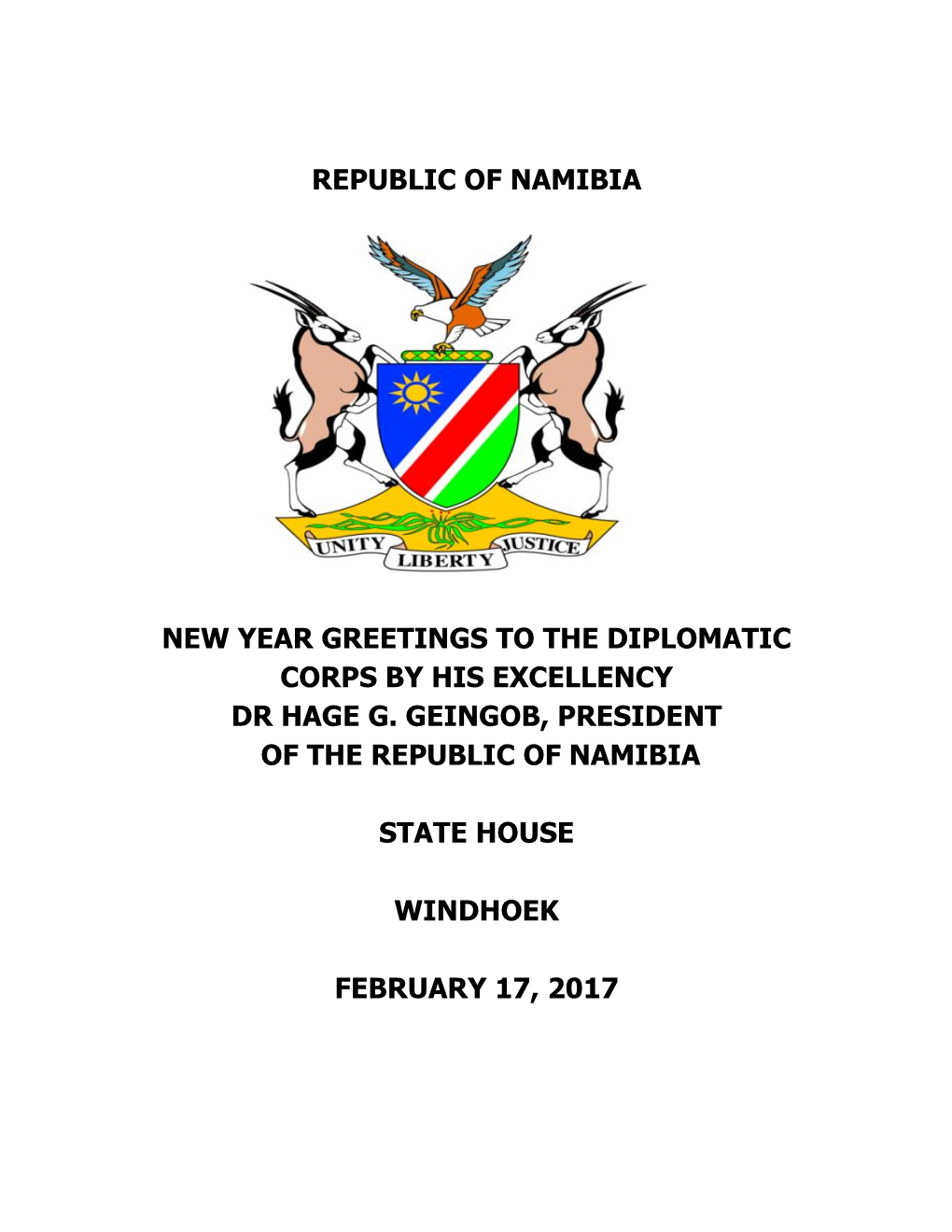 Republic of Namibia New Year Greetings to the Diplomatic