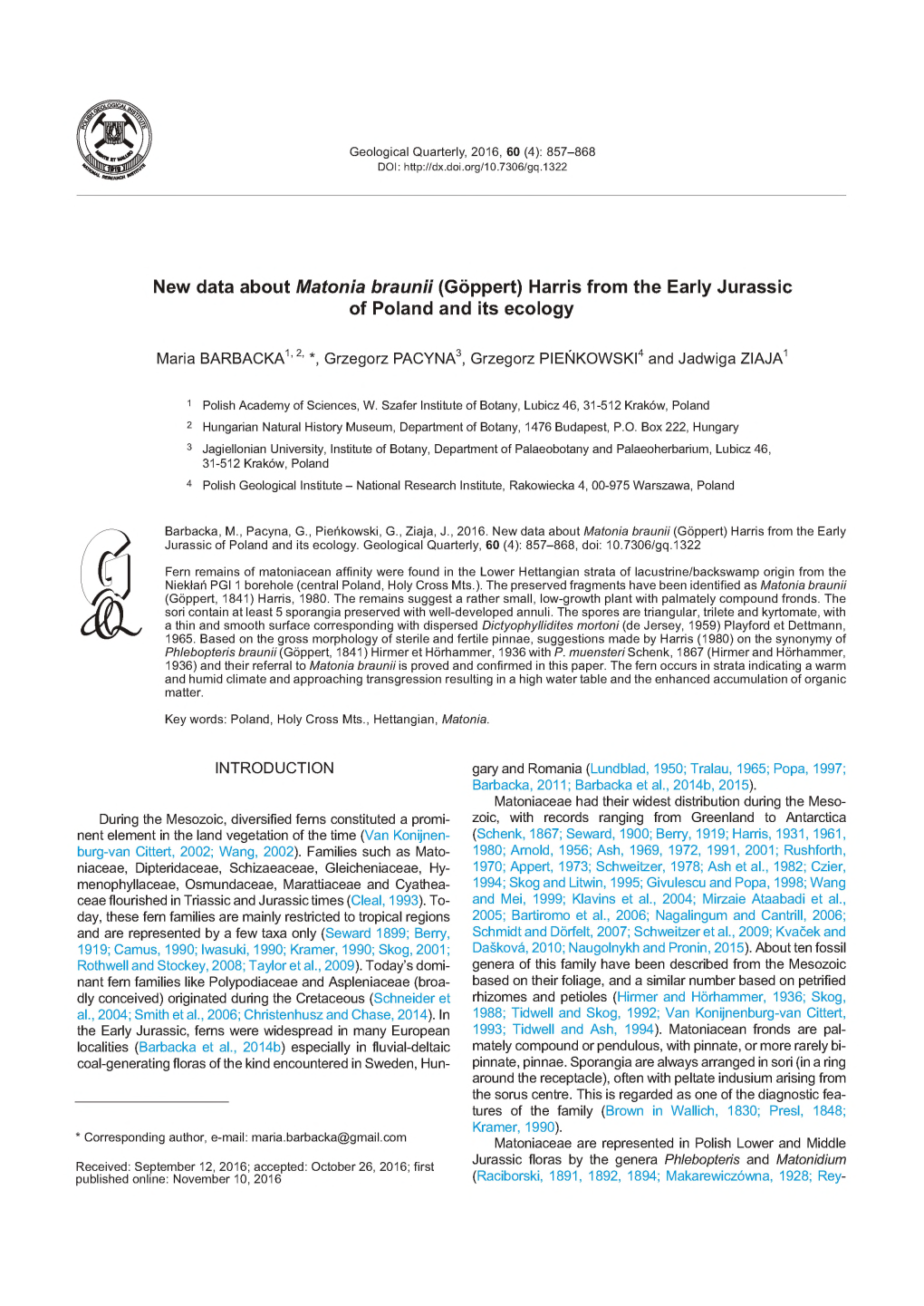 New Data About Matonia Braunii (Göppert) Harris from the Early