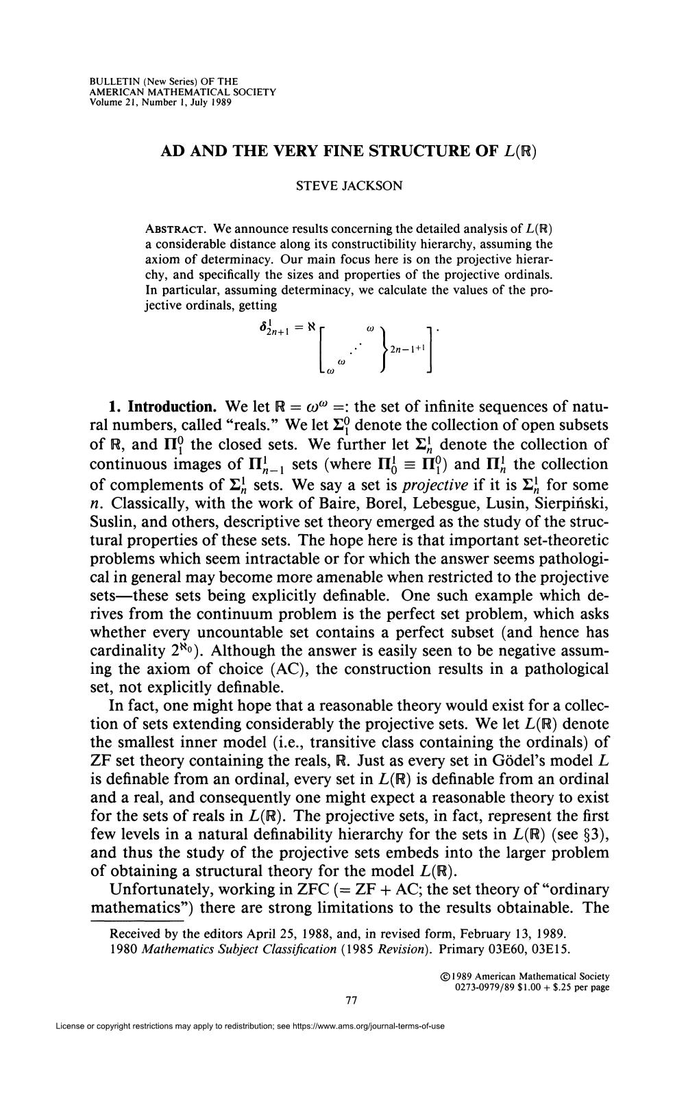 The Set of Infinite Sequences of Natu­ Ral Numbers, Called "Reals." We Let Lp{ Denote the Collection of Open Subsets of R, and IIÇ the Closed Sets