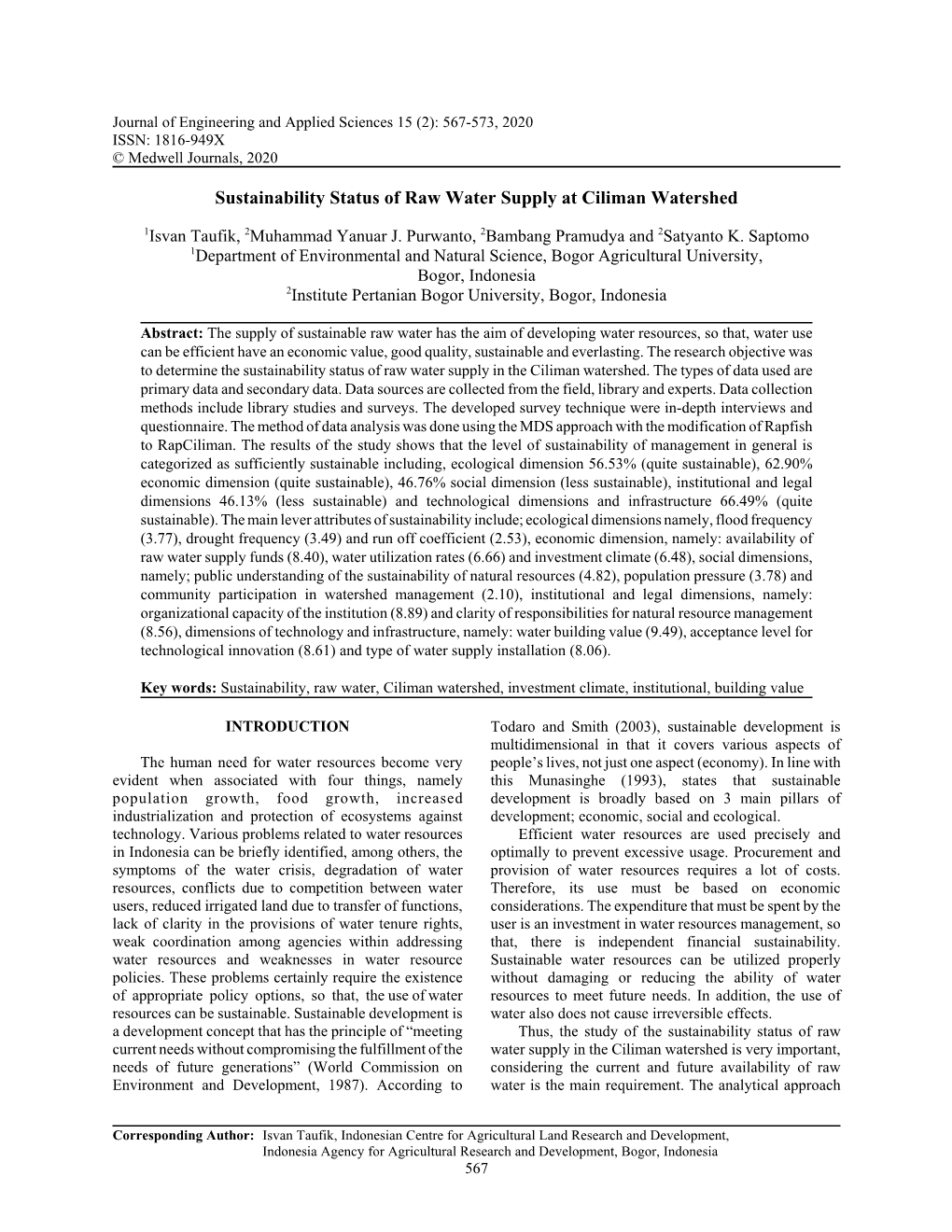 Sustainability Status of Raw Water Supply at Ciliman Watershed