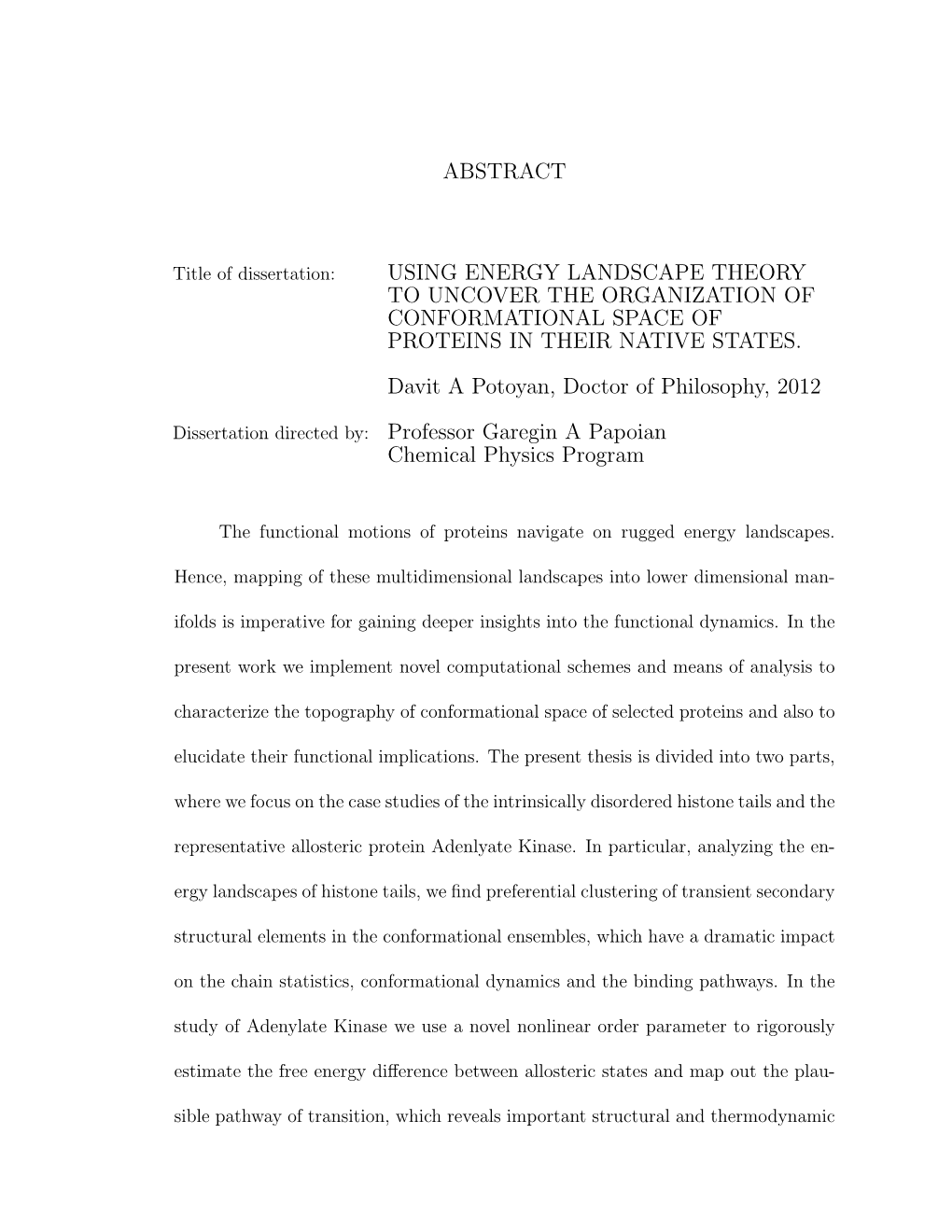 Abstract Using Energy Landscape Theory To