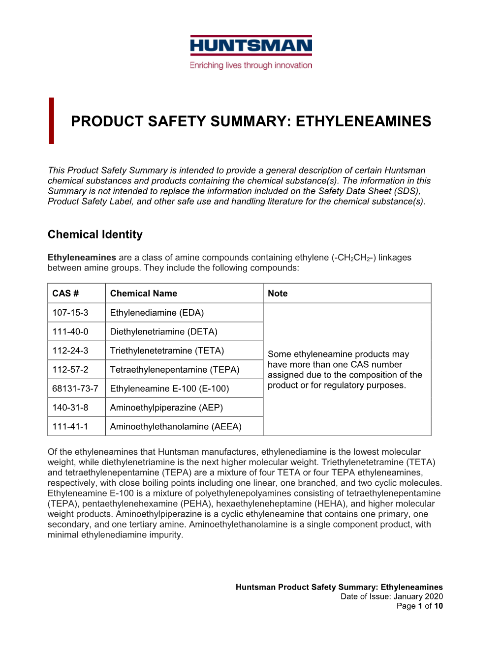 Product Safety Summary: Ethyleneamines