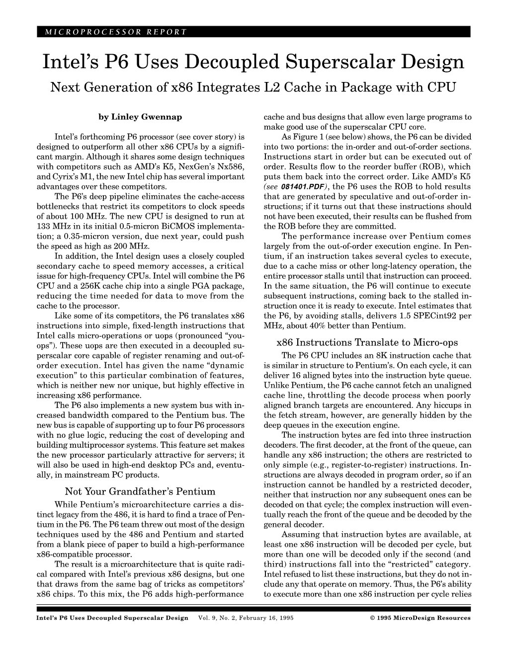 Intel's P6 Uses Decoupled Superscalar Design: 2/16/95