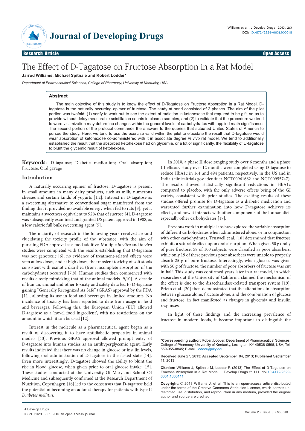 The Effect of D-Tagatose on Fructose Absorption in a Rat Model