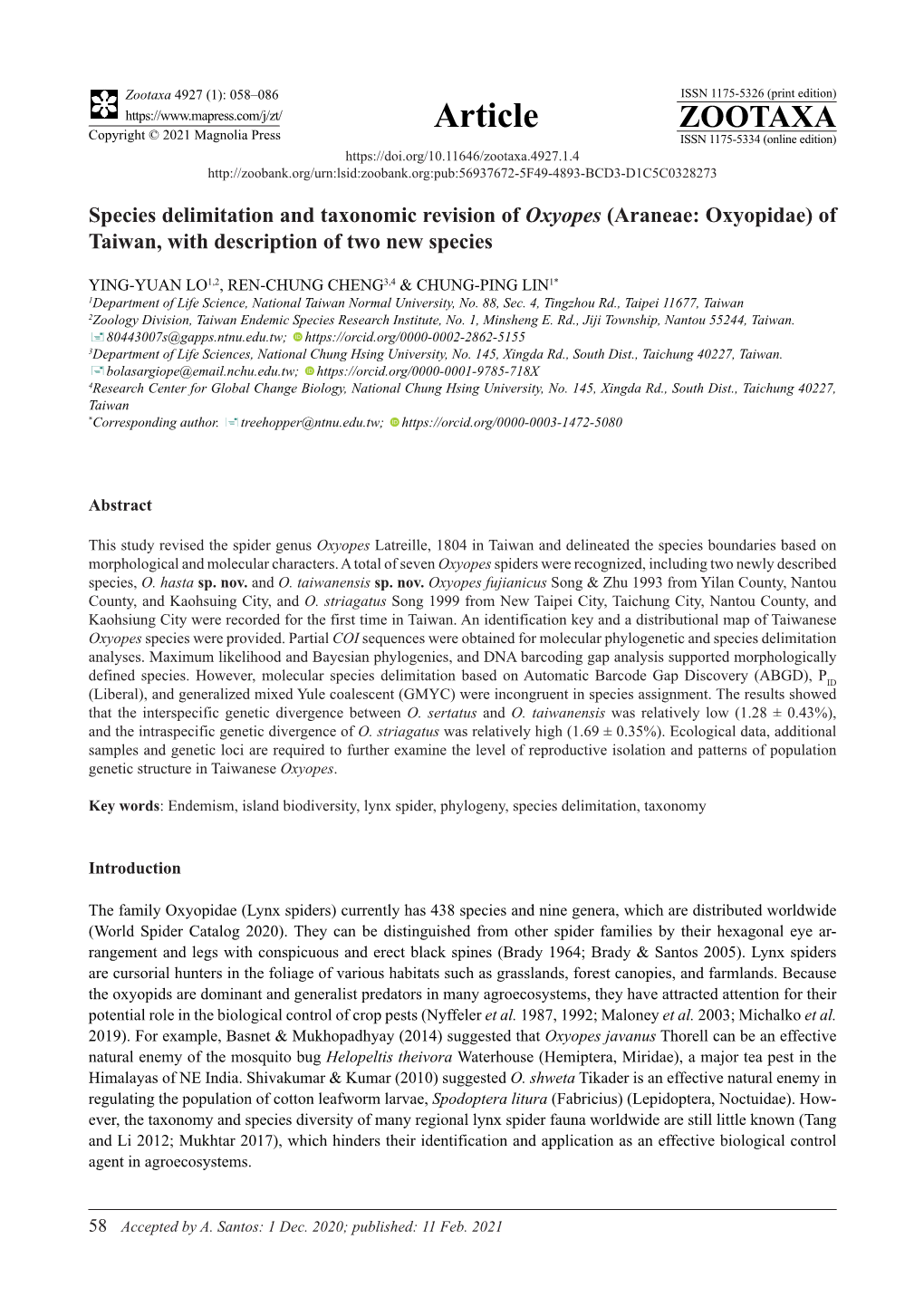 Species Delimitation and Taxonomic Revision of Oxyopes (Araneae: Oxyopidae) of Taiwan, with Description of Two New Species