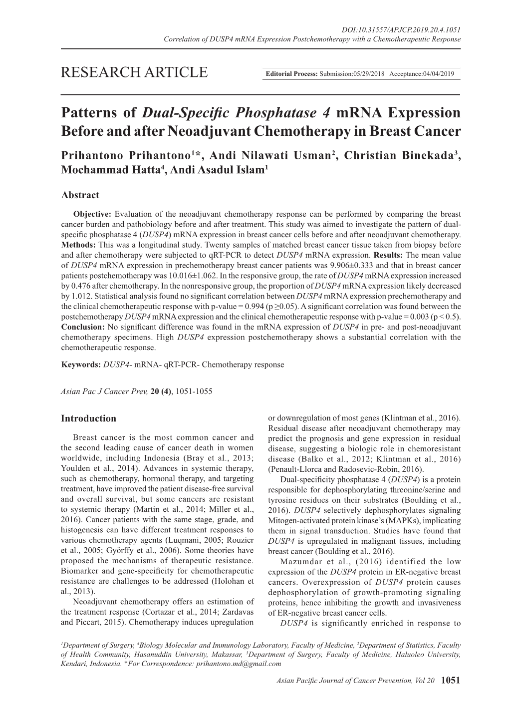 Patterns of Dual-Specific Phosphatase 4 Mrna Expression Before And