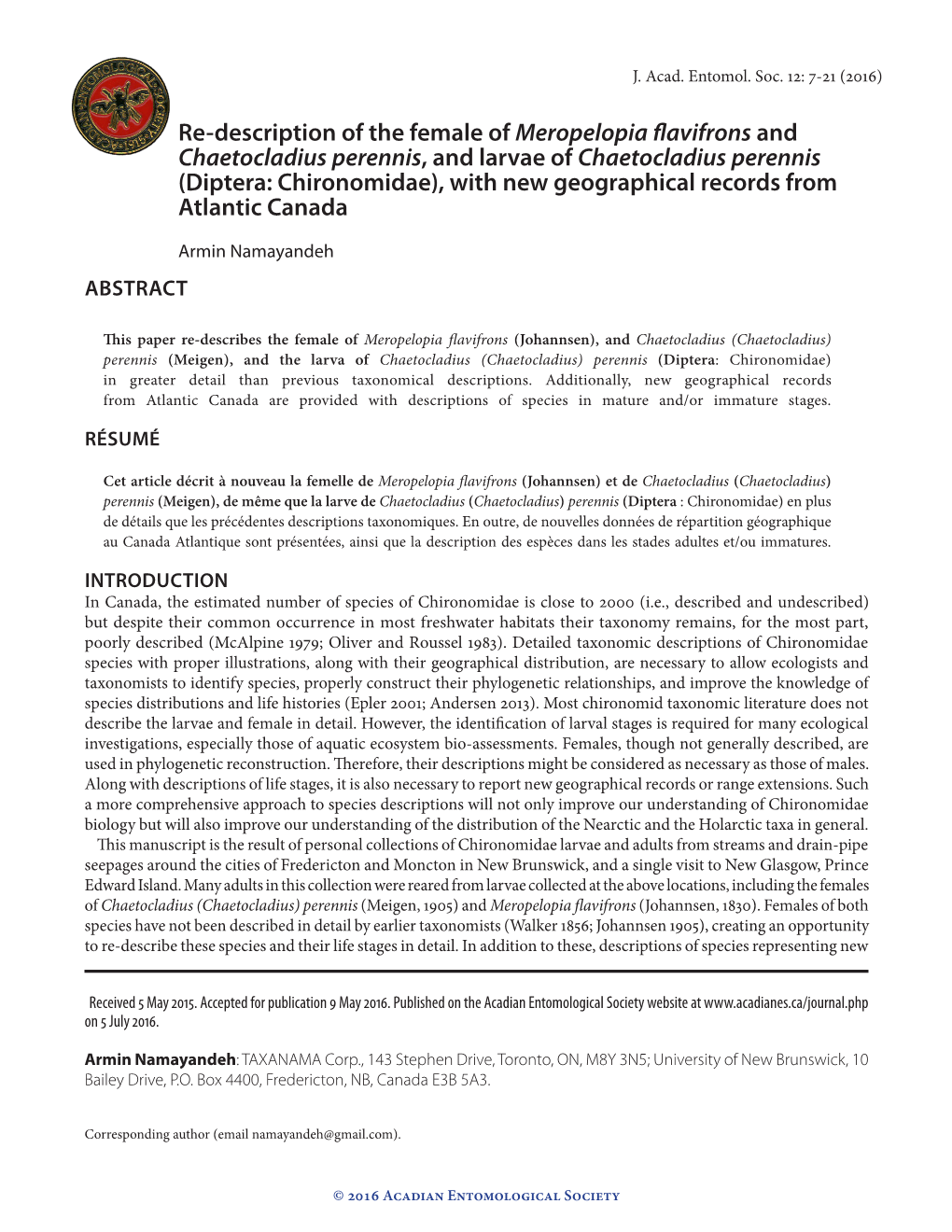 Diptera: Chironomidae), with New Geographical Records from Atlantic Canada