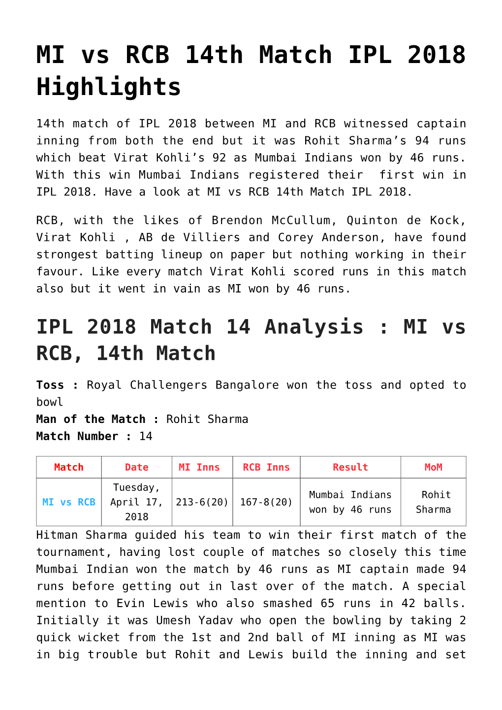 MI Vs RCB 14Th Match IPL 2018 Highlights