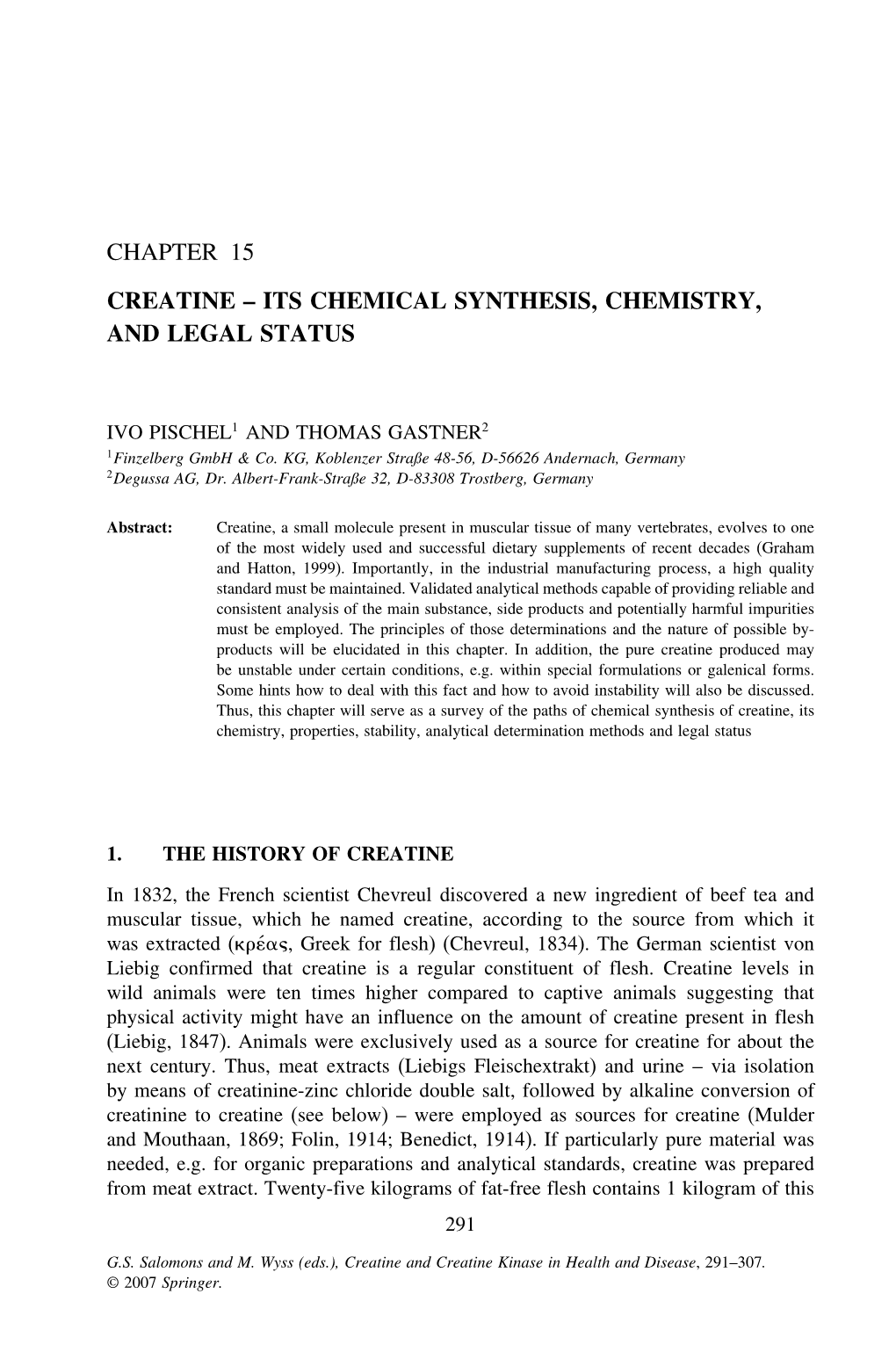 Chapter 15 Creatine – Its Chemical Synthesis, Chemistry, and Legal Status