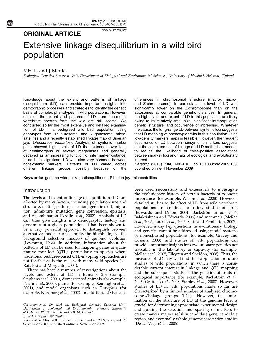 Extensive Linkage Disequilibrium in a Wild Bird Population