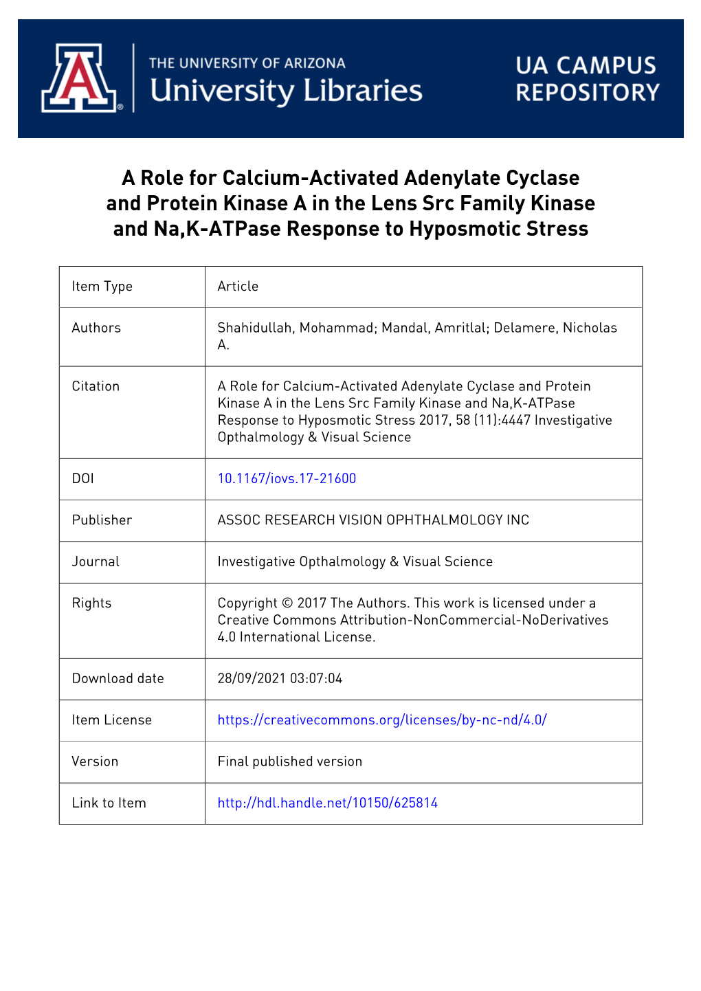 A Role for Calcium-Activated Adenylate Cyclase and Protein Kinase a in the Lens Src Family Kinase and Na,K-Atpase Response to Hyposmotic Stress