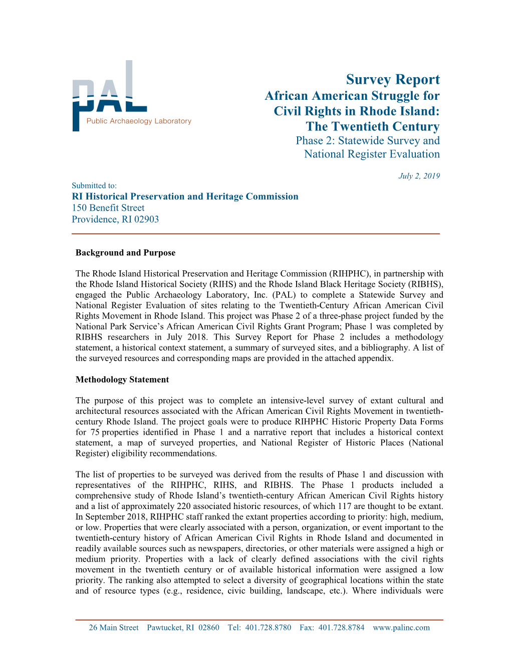 Survey Report African American Struggle for Civil Rights in Rhode Island: the Twentieth Century Phase 2: Statewide Survey And