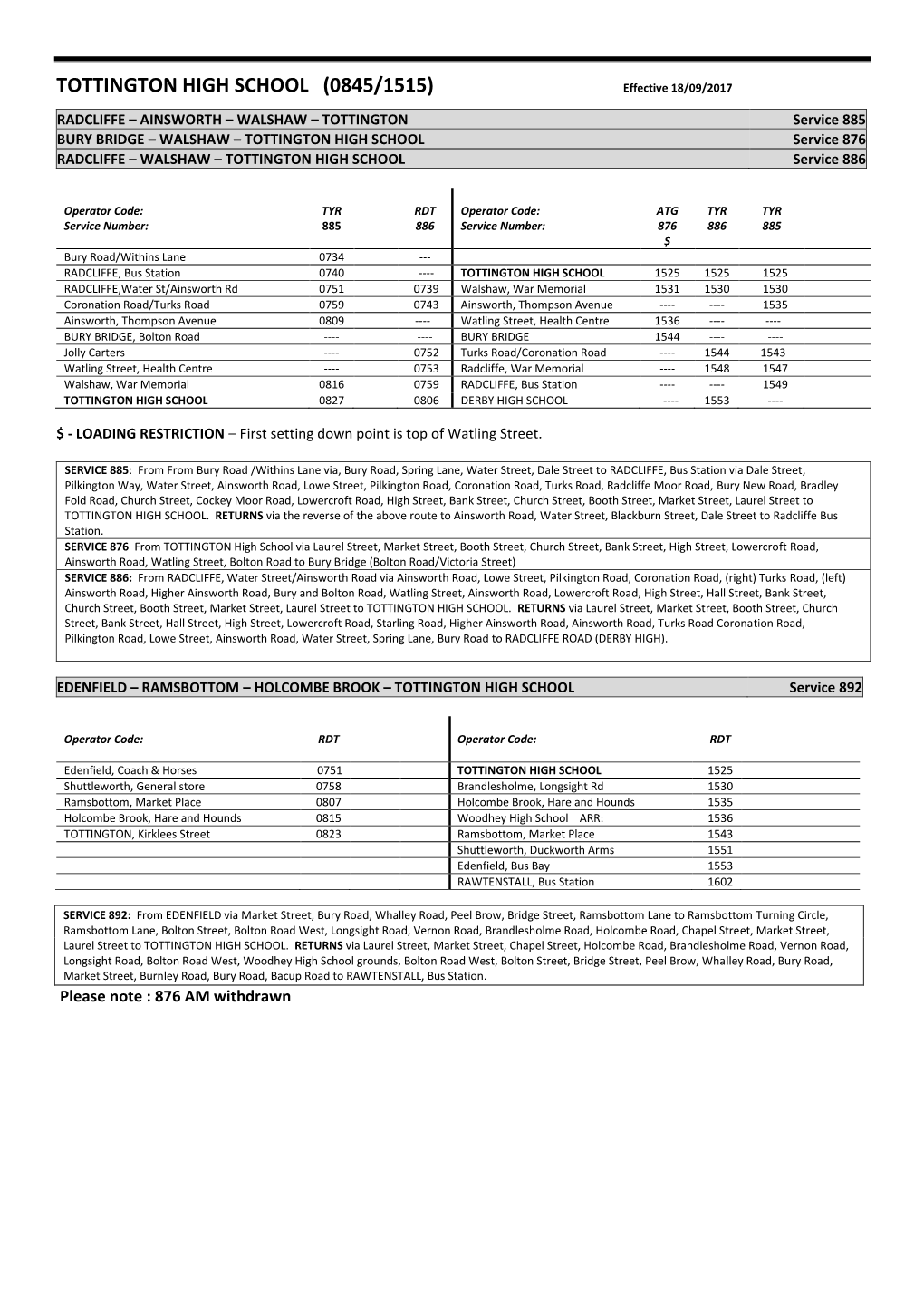 TOTTINGTON HIGH SCHOOL (0845/1515) Effective 18/09/2017