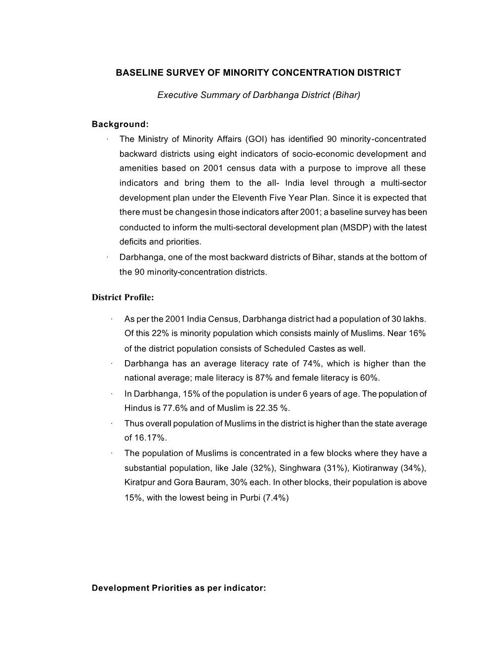 Baseline Survey of Minority Concentration District