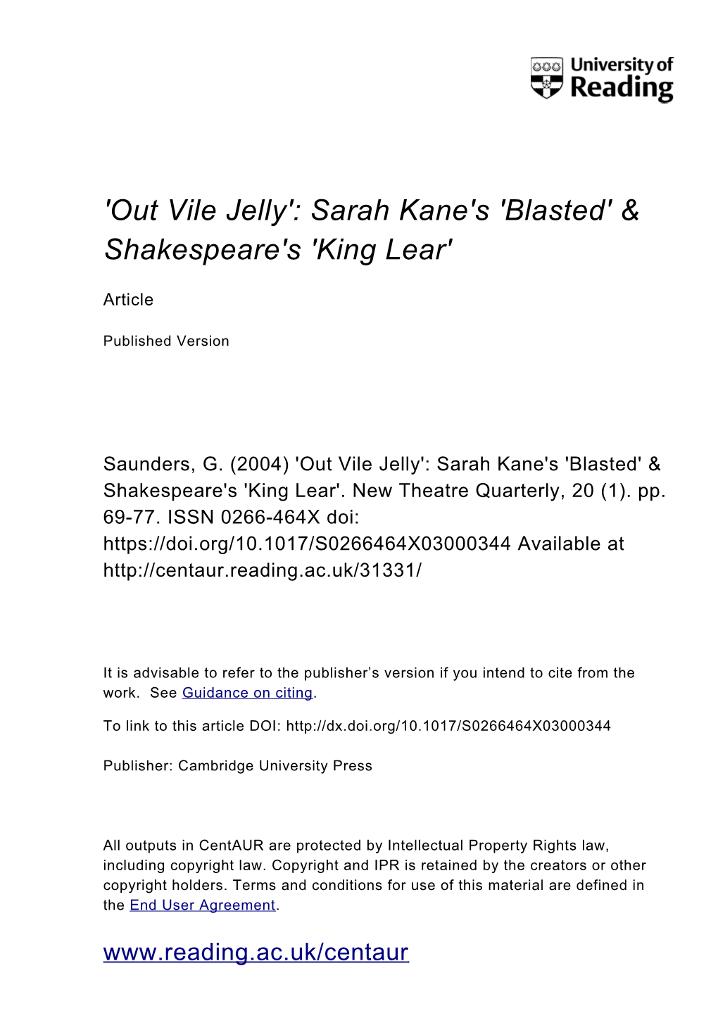 'Out Vile Jelly': Sarah Kane's 'Blasted' & Shakespeare's 'King Lear'