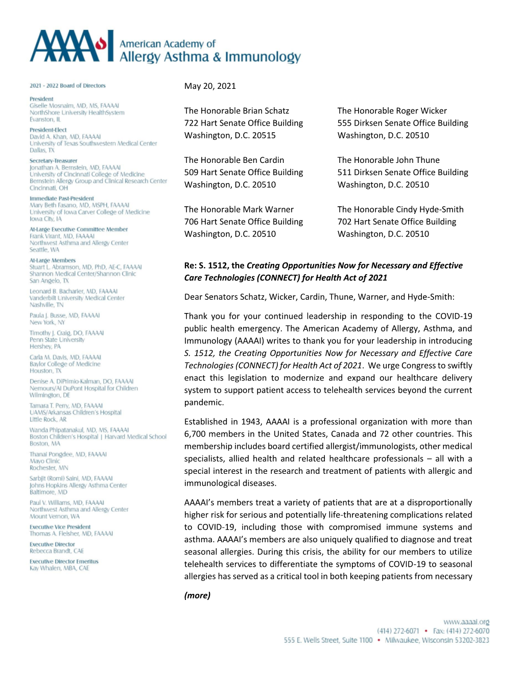 May 20, 2021 the Honorable Brian Schatz the Honorable Roger Wicker 722 Hart Senate Office Building 555 Dirksen Senate Office