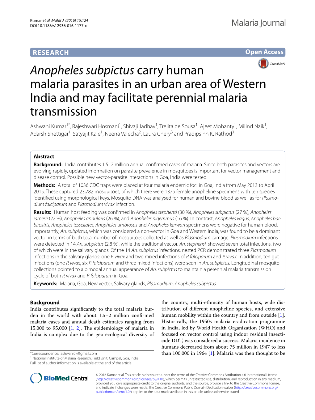 Anopheles Subpictus Carry Human Malaria Parasites in an Urban Area