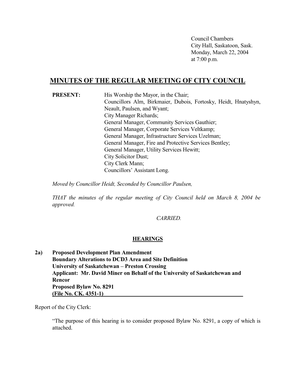 Minutes of the Regular Meeting of City Council