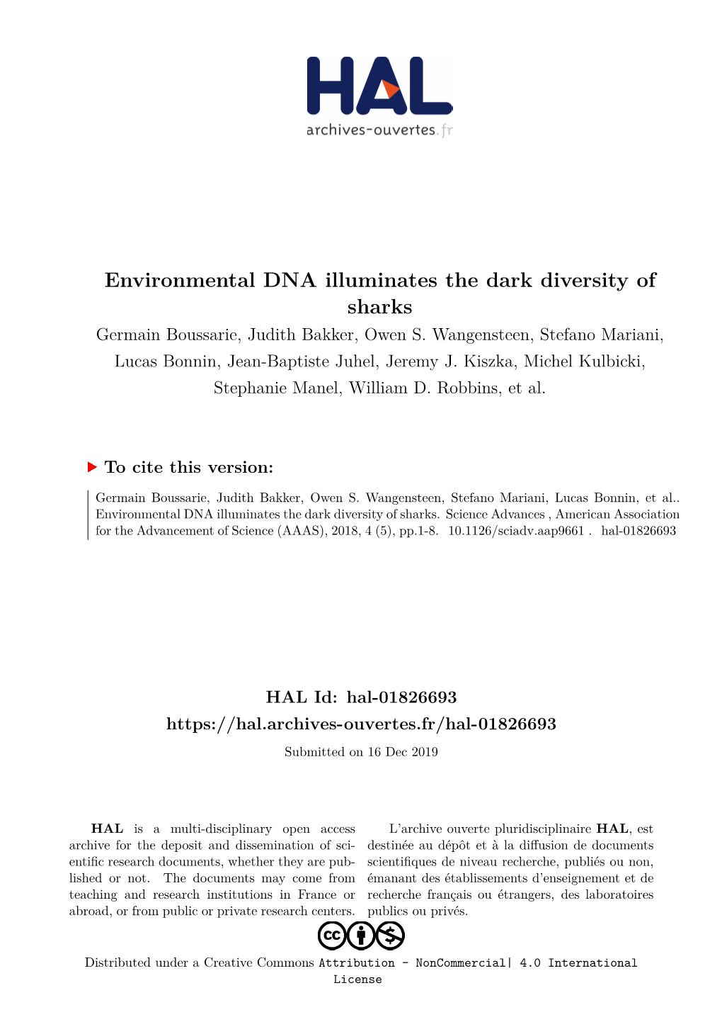 Environmental DNA Illuminates the Dark Diversity of Sharks Germain Boussarie, Judith Bakker, Owen S