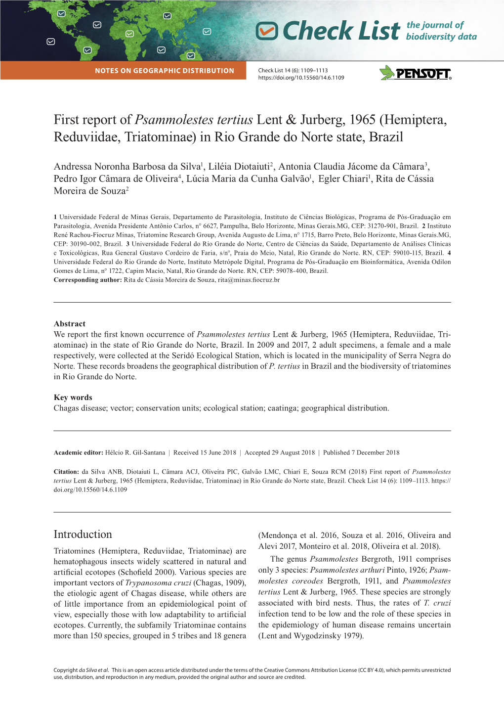 First Report of Psammolestes Tertius Lent & Jurberg, 1965 (Hemiptera, Reduviidae, Triatominae)